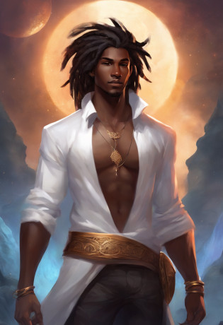 dark skin teenage man, handsome, thick black dreadlock hair, brown eyes, slender, strong, spearman, handsome, anime, hybrid, lion ears and tail, white dress shirt, black pants