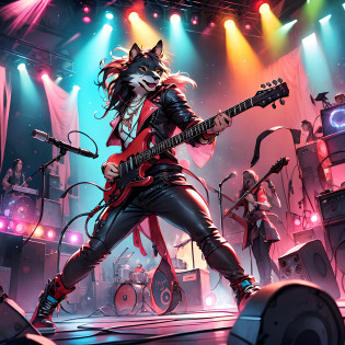 Countless award-winning masterpieces of the best quality, highest resolution, official fine art, and trend at the Art Station, on a flashing stage where intense lights cast a dazzling light. Behind the stage was a huge guitar sculpture,







Taking center stage was an enthusiastic Rock dog, who towered over the top, wearing a glittering necklace and a cool cyberpunk red leather jacket that framed his muscular physique. Every detail of the body is vividly restored, and the guitar's light shines on the stage,





Rock Dog stand, legs apart, muscles tense, cold bend knees. Hands up, though no one sees,





This Rock dog has an electric blue guitar in his mouth. He opened his lips,







A long haired Rock dog dances to the beat of the music, forming a black waterfall that adds to the atmosphere of the theater.







Behind the picture, a huge guitar sculpture, above the holographic letters hanging above the stage 