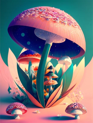 (paper craft style mushrooms and flowers:1. 1) , by ernst haeckel, maria sibylla merian, tristan eaton, victo ngai, artgerm, rhads, ross draws, Kaethe Butcher, Hajime Sorayama, Greg Tocchini, Virgil Finlay, sci-fi, colors, neon lights , digital painting, pixiv, by Ilya Kuvshinov, 8k, UHD, HDR, (Masterpiece:1. 5), (best quality:1. 5), Model: VinteProtogenMix v2