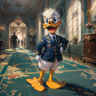 Donald Duck walking on the carpet?Strong sense of light and shadow?Navy clothing?wears dark glasses?Inside the European-style building