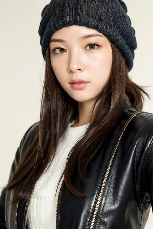 Studio photo of a 22-year-old Japanese woman wearing a black beanie and black leather jacket, brown hair, brown eyes, subtle makeup, indoor, intricate elegant, detailed, photometric lighting, symmetric light, best quality, ultra high-res, 8k