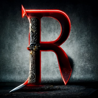 Excalibur sword slashing the letter R, red letter, black background, 4k, realistic