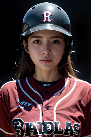 Beautiful girl with a big smile,Allahed woman in baseball uniform with helmet, female baseball player, mid shot portrait, akikazu mizuno, professional sports style, maroon and white, closeup portrait shot, maroon, high quality portrait, Sporty, closeup portrait shot, gorgeous woman, good looking face, macoto takahashi, portrait of mayuri shiina, centered face shot