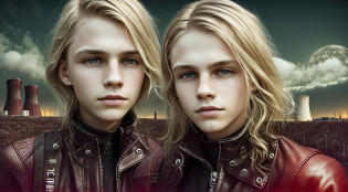 BOYS 14 YEARS OLD, PORTRAIT, CLOSEUP, WITH LONG BLOND HAIR, WITH RED LEATHER JACKETS AND BLACK CLOTHING, nuclear power plant with radioactive barrels in a field, nuclear wasteland, nuclear waste, post-nuclear fallout, future of nuclear energy, nuclear fallout, radioactive wasteland, nuclear power, nuclear power, nuclear reactor, nuclear aftermath, post-nuclear, nuclear power plant, nuclear,  radioactive particles, nuclear art, toxic waste, polluted, radioactive peak field, pollution