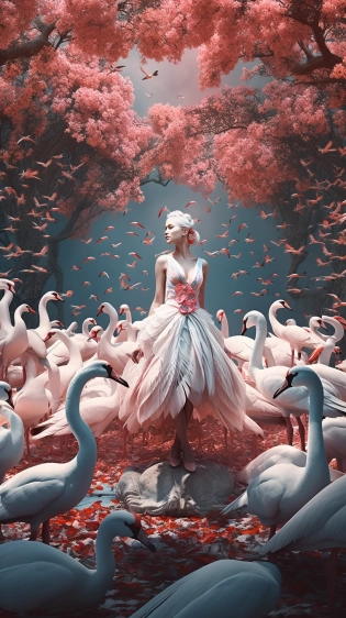 the goddess of flamingo birds, digital illustration, octane render, fantasy poster, full body view, dynamic pose, white hair, surrounded by dozens of tropical birds, interesting composition, maximum resolution, detailed, professional quality, color grading, masterpiece, 8k --ar 9:16 --s 500 --no close up --v 5