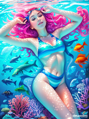 woman in a colorful swimsuit laying on the water with fish, wearing two - piece swimsuit, psychedelic swimsuit, see fishes swimming, fishes swimming, in retro swimsuit, is wearing a swimsuit, monokini, swimsuit, inspired by Naomi Okubo, swim suite, fish swimming, under water swimming, fishes, in the sea, underwater photography, swimming, in the ocean --auto --s2