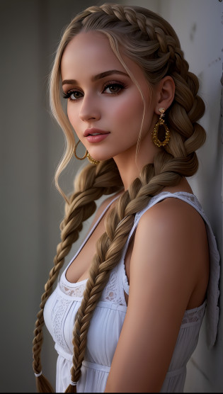 mulher argada com cabelos longos e um top branco posando para uma foto, blonde braids and Brown eyes, menina modelo bonita, modelo bonito da menina, lindo modelo jovem, penteado pigtails, menina jovem bonita, rabo de porco longo, modelo bonito, menina muito bonita, modelo muito bonito, menina loira bonita, Taran Dasha, girl with plaits, peitinhos grandes, seios grandes,