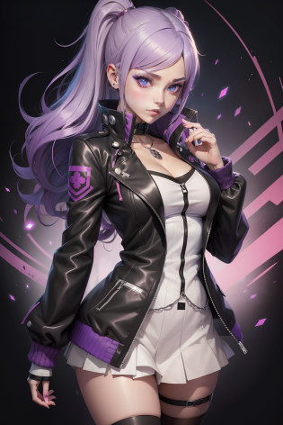Anime girl with purple hair and blue eyes in a black jacket, digital art from danganronpa, Yayoi Kasuma, gapmoe yandere grimdark, 1 7 - year - old anime goth girl, anime moe art style, jojo anime style, portrait gapmoe yandere grimdark, trigger anime art style, shalltear from overlord