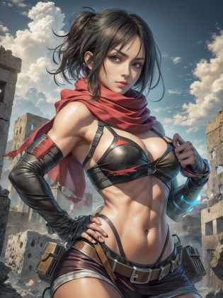 Imagem de Mikasa Ackeman, master part, best quality, seios grandes, peituda, Corpo Perfeito, 1 girl, Mikasa_Ackerman, red scarf, heaven, sombrio, postura de luta, gangue sinistra, Butyric acid, minimalismo, Arte de impacto, ruins, olhos negros, Close-up. peitos grandes, corpo definido, guerreira, sensual, zoom em seus olhos, Mikasa is in her bed at night, (1girl em)?(realisitic)?( fotorrealista:1.5)?Batomornsardas?cabelos pretos, 8k UHD?(filmgrain) extremamente delicado e bonito?8k, alta qualidade?alta resolu��o, ju?ighly detalhado?belos olhos detalhados? olhos e rosto extremamente detalhados?obra prima?(lighting like a movie)?(pele de alto detalhe:1.2)?8k UHD?Digital SLR?a strong lighting of fire?alta qualidade?filmgrain?obra prima, qualidade superior, alta qualidade, alta resolu��o, ((muito nitido)), Photo taken with long-range professional camera, alta qualidade, preservar face, sensual