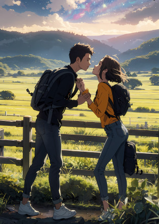 The vast starry sky, the beautiful skyline, the vast grasslands, the extremely tense and dramatic pictures, the moving visual effects, the high-hanging Polaris, and the colorful natural light. A long-sleeved top, denim shorts, and a girl with a backpack, A long-sleeved shirt, denim jeans, and a boy with a backpack, kissing, couple, love, lip kiss.