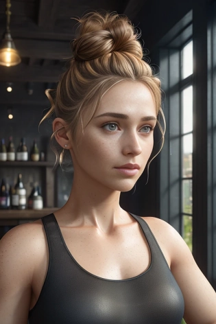 photography of a middle aged girl, freckles, camera centered body, (hazel eyes), erotic yellow laced crop top t-shirt, ultrarealistic hair, with ((messy bun hair)), soft shadows, moody, dark, ((midnight)), tavern pub (rainy) windowside background, a photorealistic, 3d render, cgi, symetrical, (intricate details:1. 12), hdr, (intricate details, hyperdetailed:1. 15), (natural skin texture, hyperrealism, soft light, sharp:1. 2)