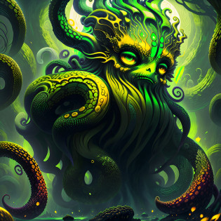 cephalopod, long silky black tentacles, golden glowing eyes, purple body, green flowing sleeves, holding giant green combs in tentacles, masterpiece, Best Quality