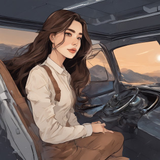 With high-resolution animated illustrations?25 year old woman sits in the driver's seat of a large truck driving on the highway at night?She let her long brown hair flutter in the wind?Get behind the wheel with a confident look?The inside of the bogie is faithfully reproduced in every detail..?dashboard?sheets?control panels, etc. Clearly drawn?Girl staring at the road?It depicts the confident running of the track?Outside the window of the truck?Driving on the highway?Bolides?Stars are shining in the night sky?