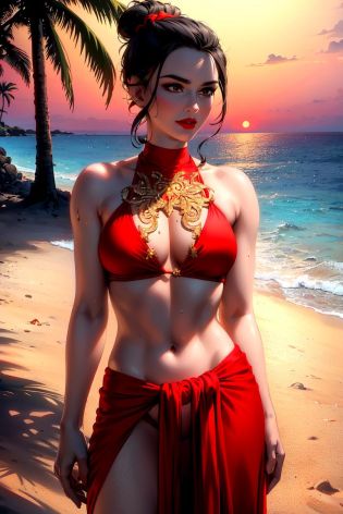 ultra realistic 8k cg, masterpiece, ((ultra detailed background, delicate pattern, intricate detail, highly detailed, fine details best quality, hyperdetailed face)), (photorealistic:1.4),beautiful lighting, absurdres, RAW photo, film grain, Azula, 1girl, solo, black hair, brown eyes, makeup, lipstick, red lips, single hair bun, ((medium breasts, slim girl)), ((bikini, red swimsuit, cloth around waist, covered lower body)), ((complex detailed background, beach, sand, ocean, outside, palm tree, dawn, moody lighting, warm lighting, dim lighting, bonfire, night sky)), ((cowboy shot)),  <lora:Azula:0.6>