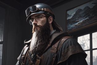 (album art:1.1, masterpiece, (long beard), intricate details), art by Midjourney and Greg Rutkowski, (best quality), goggles, window lights, a determined expression, high quality, (serious:1.2), film grain, (Depth of field, by Michelangelo, dark), Intricate, fully clothed, (BiophyllTech theme:1.1, best_quality:1.2), fresh air, gray band on wrist, hard hat, overcast sky, embers, (art by David Sims:1.3, masterpiece:1.2), higres, (floating rock)