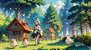 (8K?Raw photography?top-quality??masterpiece:1.2)?(realisitic?Ghibli style?Photoreal:1.37(Charming chick)?Giant chickens?Little chicks?portlate?cute little?pastoral landscapes?large tree?Professional Writing?Photon mapping?Physically based?bikin?wide Shots?