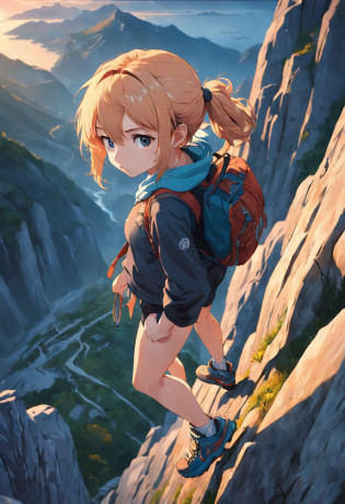 Beautiful 25 year old woman climbing a steep mountain, camera from above. Anime style, highly detailed.