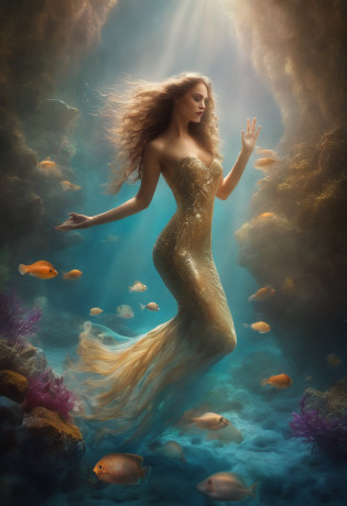 Rainbow Mermaid,fantastic creature (sereia:1.1),underwater setting,nas profundezas do oceano,belos olhos detalhados,cara bonito,beautiful detailed lips,Sparkling scales,cabelos coloridos e fluidos,Cauda de peixe fina,magical underwater lighting,atmosfera calma e serena,Pacific underwater kingdom,fantastic atmosphere,Algas flutuantes e corais,fascinante vida marinha,cores vivas e brilhantes,Natural sunlight filtered through water,Colorful rainbow jellyfish dance around,Criaturas marinhas brincalhonas e gentis,Ethereal and captivating presence,Aura misteriosa e misteriosa.