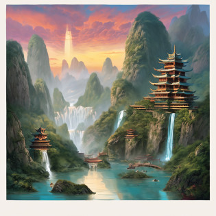 Painting of a pagoda in a mountain landscape with a waterfall, une matte painting de Fan Qi, Gagnant du concours CGSOCIETY, Art fantastique, Paysage chinois, digital painting of a pagoda, Chinese dream city, Fantaisie chinoise, Zen temple background, Papier peint oriental, scenery artwork, Fantastic artscape, Illustration matte painting, Fantaisie de peinture mate?mignon, Detailed landscape � width 672