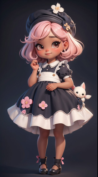 Create a series of cute black chibi afro skin baby style dolls with a cute peasant theme, each with lots of detail and in an 8K resolution. All dolls should follow the same solid background pattern and be complete in the image, mostrando o (corpo inteiro, incluindo as pernas: 1.5)

Boneca Camponesa: Chame-a de Mia. Ela deve ter cabelos ondulados. Seus olhos devem ser grandes e curiosos, with long eyelashes and slightly pinkish cheeks. Mia should be dressed in a delicate dress and a polka-dot blouse and a delicate and beautiful hat. Ela deve segurar flores. Add details like pockets and ruffles to the apron to make it even more charming, sapato bonito

Certifique-se de adicionar sombras, texturas e detalhes nos cabelos, roupas, Beautiful and flowery utensils, to make them even more adorable and charming.