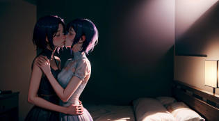 8K, masterpiece, a yellow hair and a purple hair, pushed down on the bed, romanticism, lesbian kiss, lesbian hug, kiss each other, bride, kiss together, hug, kiss together perfectly, beautiful, goddess, two beautiful women in love, standing