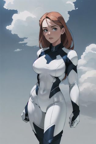 1girl, Alicia Silverstone, female focus, feminine female, high tech, ginger hair, (Standing, Proud, Standing Pose, Strong Stance:1.1), looking at viewer, realistic, Dark Blue spandex superhero costume supersuit with white details, dark navy symmetrical Costume Design, navy and white superhero costume Design, white Chevron supersuit Design, Cool Costume, chevrons, solo, superhero, toned, ((masterpiece)) (low angle, upshot, cloud background, sky background:1.2)
