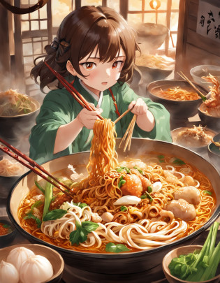 Delicious and tempting spicy noodles?Fresh vegetables are plentiful?The poached egg aroma is overflowing?Brown conch is delicious and delicious?Pepper has a strong flavor?The yellow bamboo shoots are crispy and delicious?The fungus has a delicate taste?Soybean curd has a good aftertaste?The noodles picked up by chopsticks are fragrant?illustration