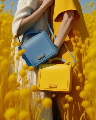 Pinterest picture, two yellow and blue JACQUEMUS Le Chiquito bags in the hands of models, a field of grass, professional photography, soft light, high resolution, branded, photorealistic, 8k. --ar 4:5 --q 2