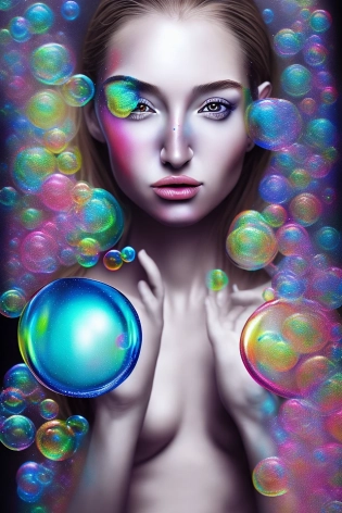 Hyper-realistic one female person with bubbles with brush colorful texture 35 mm art noveau