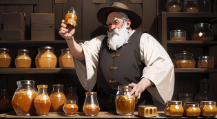 A dwarf?short?lbeard?With a hat?Skinny and small?Little old man?Holding a jar of honey?Dig the honey in with your hands and eat it?In the wooden house?There were plenty of honey jars in the wooden house?Western fantasy?Fairytales?Works of masters?A high resolution?Exquisite facial features