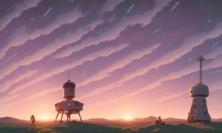 rural landscape, sunset, evening, stars, robots, distant control tower, single sun, few cumulus clouds, planet in the sky, blue sky, hovercraft, shining lights, sun rays, sun spots, smooth light, lens flare, Simon Stalenhag