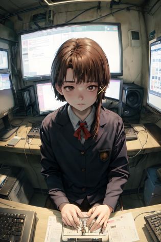 ((masterpiece, best quality;1.3)), ultra detailed, 1girl, solo,Lain Iwakura (Serial Experiments Lain),school uniform, looking at viewer,cute girl, lying, cyber punk, lots of computers, <lora:LainIwakuraSerialExperimentsLain0:1> 
lots of large CRT monitors, hacker's room, lots of power cordS,lots of power keyboards, FROM above, <lora:add_detail:1>, white board,multi monitors,
