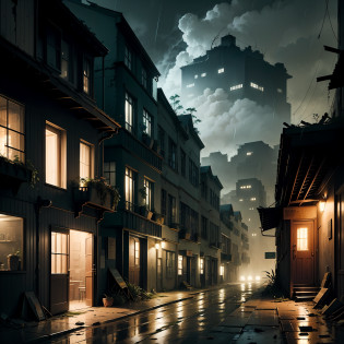 (Armageddon)?Dilapidated city?Plants climbing all over the walls ?Night?raining heavily?Black rain??Fog?dense fog??Dilapidated streets?Dimly lit alley??gloomy lighting??relic?(Dilapidated buildings)?(Uninhabited city)?Spooky atmosphere
