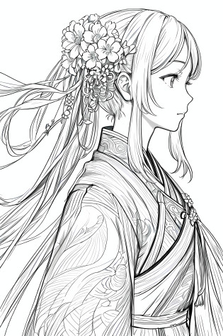 masterpiece, acura, 1girl, solo, hanfu, long hair, profile close-up, flower line drawing background, white background, monochrome, line drawing, ((sketch))