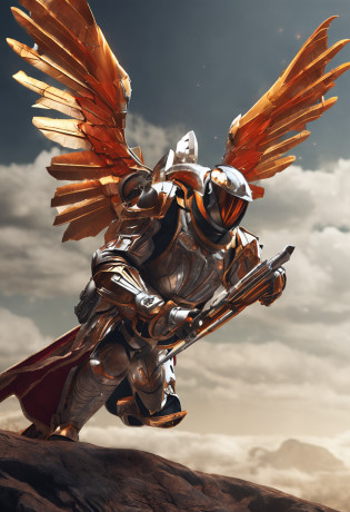 Humano, masculino, Armadura de poder, Armadura medieval, Aura de poder, Tecno Armadura, Mechanical angel wings, colores plata y rojo, astronauta, Red Core,  Casco dorado, Guante de poder,  Volar en el espacio , comi? style, realista,  heroico