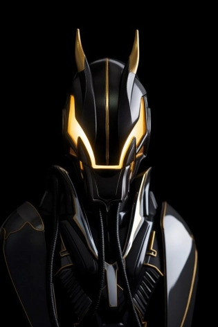 Masterpiece sculpture of Anubis "God of Death" in a futuristic reinterpretation, avant-Egyptian, The Monumental god figure is immensely complex and futuristic. Sculpted in black granite with an ultra smooth finish and gold inlays, modular, sacred hieroglyphs. Dark background with projected dim Egyptian symbology made of light. Grand and sober. Portrait shot, center focus, laser-cut, hyper-detail, Sci-fy, futuristic-avant-Egyptian. --no mockup, bad anatomy, text, signature, watermark, username, low resolution, worst quality, low quality, jpeg artefacts, blurry, cropped, badly framed --ar 2:3 --c 10 --v 5