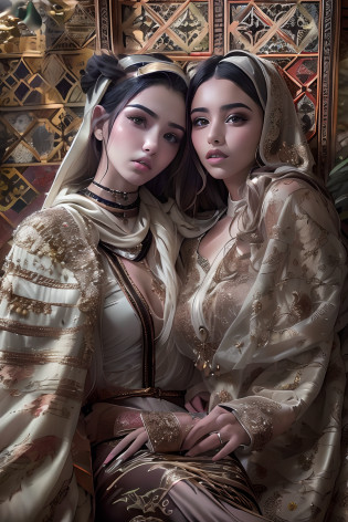 Mavtan Moroccan Islamic surreal super detail,model shoot,two girls,duo,Dynamic pose,leering,(Dream belt,Dream robes,Fantastic ribbons),Hug and touch each other,Biting a friend's earlobe, Hug each other from behind, Touch your friend's chest from below,