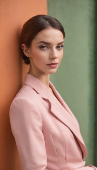 a woman in a pink suit who leans against a green wall, in the style of slumped/draped, bold fashion photography, stockphoto, nikolay makovsky, asymmetric balance, orange, two dimensional