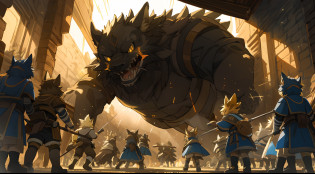 top quality, best quality, High-quality illustrations, masterpiece, super high resolution, detailed background, Back alleys((battle movie of Terrifying creatures and human child)), 6+boys, 6+girls, absurdres(highly detailed beautiful face and eyes)perfect anatomy, expression, caustics, light rays, dynamic lighting, light particles, lens flare, cinematic shadow(kemono, furry anthro)assorted poses, dynamic angle,