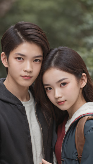 Realiy, realisticlying, movie picture quality, super detailing, Super quality, Super HD, One boy and one girl,?18yr old?? Meet on campus, Boys and girls walk together?Chinese face, Carrying a school bag, in school uniform, The face was full of joy, Real Photographics