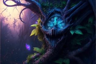 magical dragon tree roots trapping a clock::3 cyber punk, neon::1 --ar 3:2