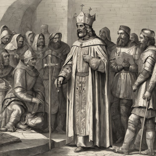 A imagem retrata St. Bernardo de Claraval, um santo antigo, in a speech to the Knights Templar in medieval times. St. Bernard is portrayed as an old man, Appearance wise and serene, wearing a religious habit typical of medieval times.

he's standing, in a prominent position, on a raised platform or makeshift pulpit, so that all may see and hear Him clearly. In his left hand, ele segura uma cruz grande, symbolizing their Christian devotion and faith. A cruz pode ser detalhadamente esculpida e adornada com ornamentos dourados ou prateados.

St. Bernard addresses his address to the Knights Templar, that are positioned in a nearby formation. They are depicted wearing full medieval armor, with its distinctive features, Like the Templar cross on its shields and robes. The Knights Templar are listening intently, showing respect and reverence to the saint.

The surrounding setting is set in a medieval room or chapel, with architectural details characteristic of the time, as Gothic columns, vitrais coloridos e elementos decorativos em pedra. The lighting is soft, vindo de janelas altas, casting a soft glow on St. Bernard and the Knights Templar.
