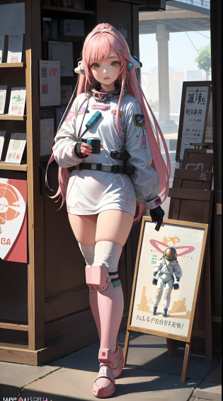 (Masterpiece),(High detail and plenty of realism),(Long pink hair),(Old NASA spacesuit decorated in Harajuku style),(Idol),(Perfect proportions),(Delicate face and eye details stand out)