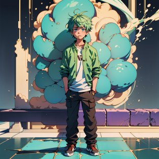 Full body shot of an anime boy with hopeful, naive expression looking up amidst a euphoric, dull simple background. Behind the boy is a straight wall set amidst a 16k environment. The boy is caught in a tired stance, sobbing and crying with depression weighing heavily upon him. The environment is charged with an even mix of dust and particles