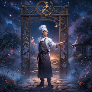 A handsome male chef stands in front of the gate to a dreamland, pointing at the runes on the door. The surroundings are filled with a mysterious atmosphere, like a starry sky and mist.,in the style of the stars art group xing xing, 32k, best quality, masterpiece, super detail, high details