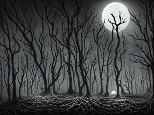 detailed stylized horror illustration of the unknown place with the dead pines, under a pale dead moon, folk horror, dramatic dark eerie lighting, horrific surreal nightmare, 8k resolution artwork, horror art, eerie, creepy, trending on artstation, painting, elaborate excellent painted illustration, smooth, sharp focus