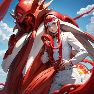 cephalopod, (cephalopod), red tentacles, intense blue eyes, sun god, full red flame mask, red with white clown-like suit, white and red striped pants, standing under a giant burning sun, masterpiece, Best Quality