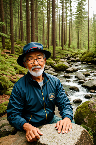 Eli Shakamora, 88 Years old Japanese face with a beard and glasses, wearing a Futuristic flight suit with Space Command Logo on hat and jacket, best quality, ultra-detailed, solo, outdoors, mountains, nature, cheerful, happy, backpack, sleeping bag, camping stove, water bottle, mountain boots, gloves, sweater, hat with SPACE COMMAND LOGO, flashlight, forest, rocks, river, wood, fireplace, clear sky, RAW, upper body, wearing pullover, hyper realistic masterpiece, amazing photo realistic photograph. dramatic light, looking down+film grain, Leica 50mm-200mm, Kodak portra 800, chiaroscuro, f1.4, golden hour �ar 3:4 �test �upbeta
