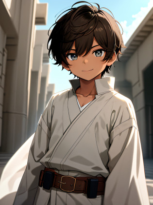 (masterpiece, Best quality), (depth of field: 1.2) Child's whole body, (9-year-old boy), teenager's face, big delicate eyes, cyan eyes, open eyes, smooth delicate skin, small square face, friendly expression, childhood, smile, early age, short round face, flat chin, finely detailed face, slender body, short jet black hair, ((military haircut)) sunlight, vivid color, (depth of field: 1.2 ) smooth bottom, boy, Light skin. Majestic Jedi Temple, Jedi-style baggy brown pants and light brown cloth belt. Jedi robe, bronze-colored lightsaber, dark brown, light brown, and white clothing, loose-fitting long-sleeved V-neck shirt, face of a teenager, white and black tight shirt, tight clothing.