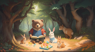 There is a painting of a bear and a rabbit in the forest, forest picnic, cute storybook illustration, storybook illustrations, storybook illustrations, children's book illustrations, children's book illustrations, Children's book illustration, storybook illustrations, children's book illustrations, Storybook illustration, children's book illustrations, children's book illustrations, colorful kids book illustration, Children's illustration
